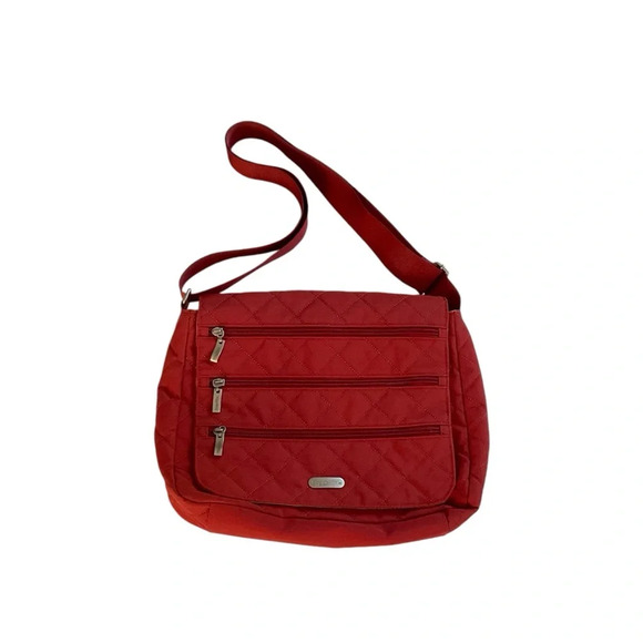 Baggallini Crossbody Bag 12x10x3” Orange Quilted Nylon Triple Zip Trolley Handle - Picture 1 of 10